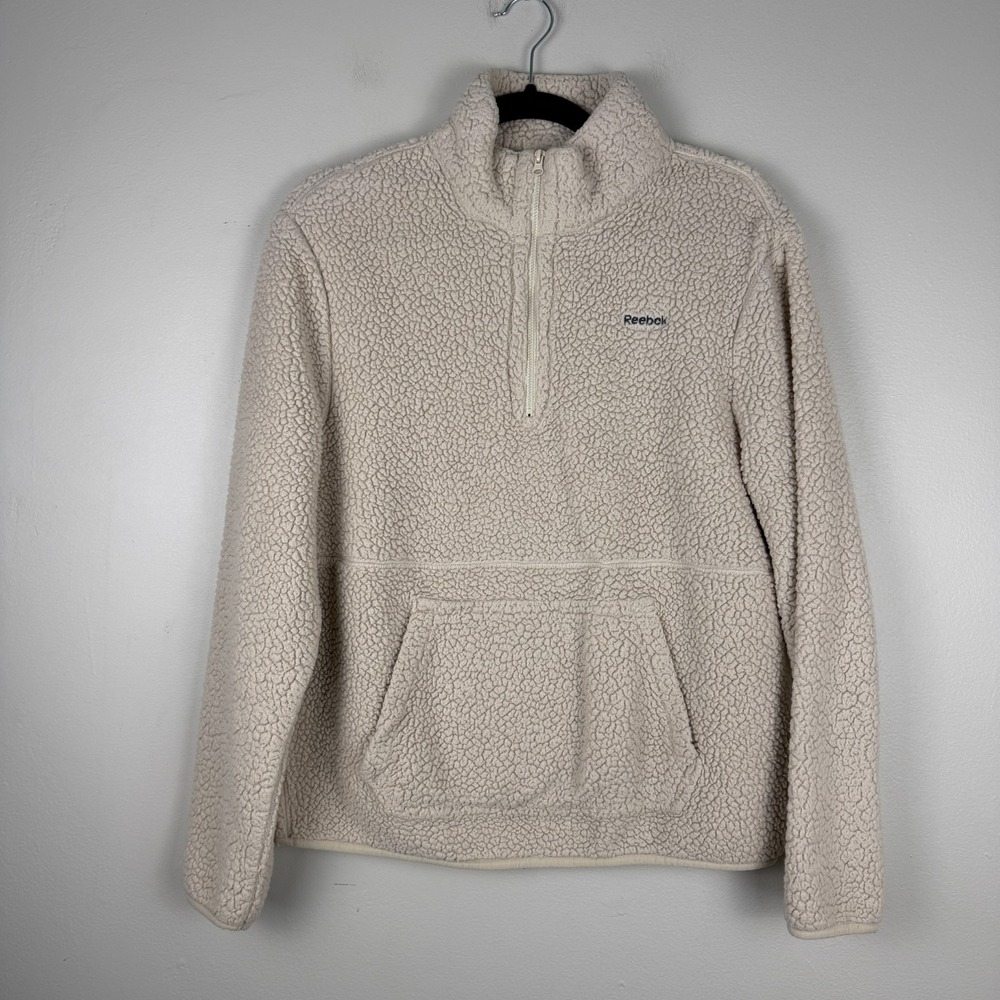 Reebok Sherpa Sweater Women's M Beige Polyester Mock Neck Comfortable 1/4 Zip